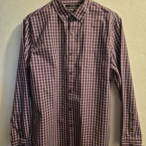 Claiborne Men's Buttoned Plaid Shirt Sz M Slim Fit Magenta & Lt Gray Long Sleeve